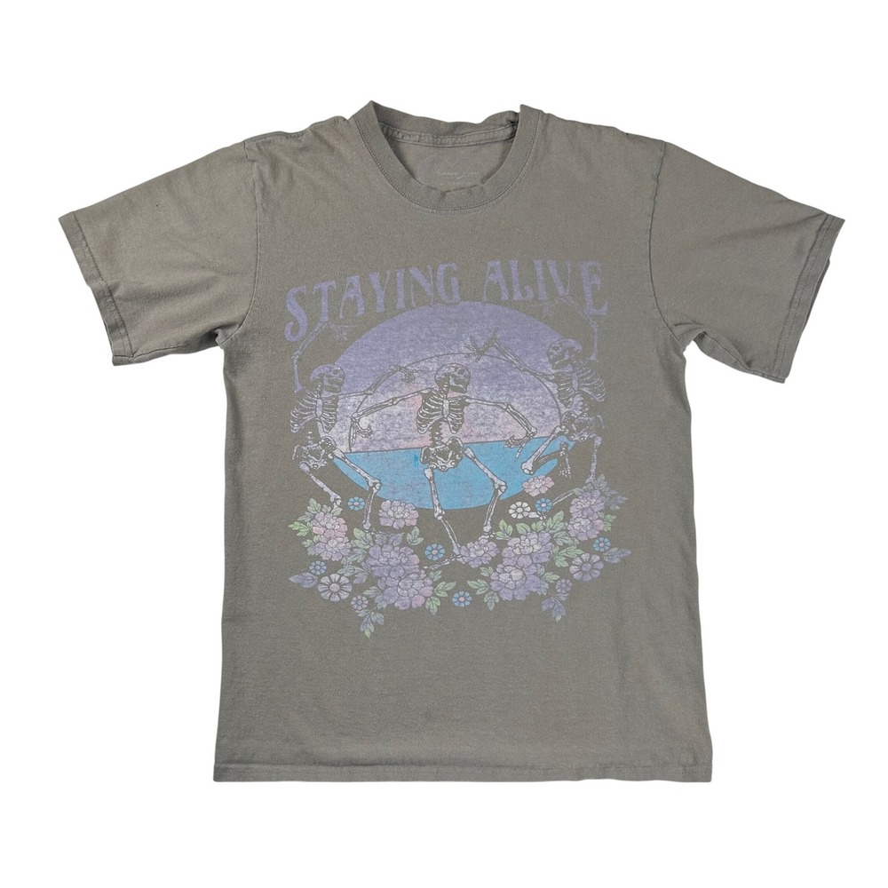 Urban Outfitters Obsessive Love Staying Alive‎ Skeleton Graphic T-Shirt Gray S